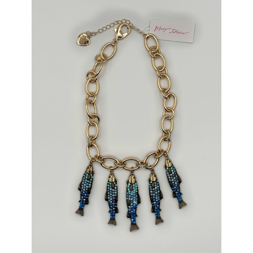 NWT Betsey Johnson Blue Mermaid Crystal Jewel Sardine Fish Chain Gold Necklace